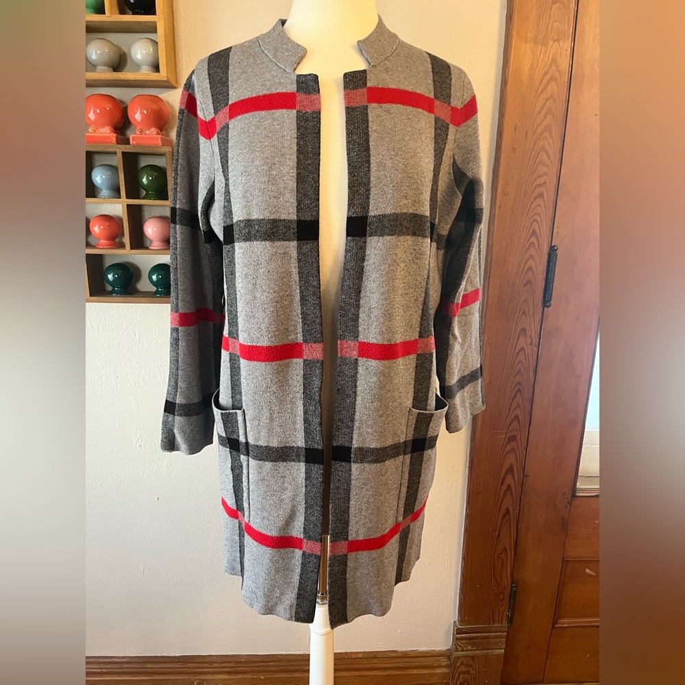 Tahari Plaid Open Cardigan